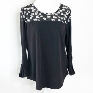 NY Collection Large Black Top Elephant Novelty Print Knit Tab Sleeve